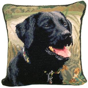 An elegant needlepoint Black Labrador Retriever pillow makes a beautiful accent to your decor!  A "must have" home accessory for Black Lab lovers!