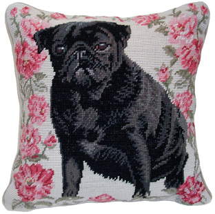 An elegant needlepoint Black Pug pillow makes a beautiful accent to your decor!  A "must have" home accessory for pug lovers!