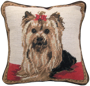 This beautiful small 10" needlepoint Yorkshire Terrier pillow is a "must have" home accent for dog lovers!  Many other Yorkie gifts available at Kissed By Dogs!